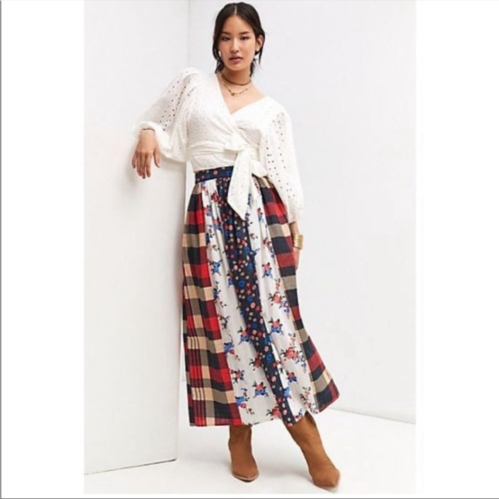 Anthropologie Let Me Be Contrast Patchwork Midi Prairie Quilted Skirt